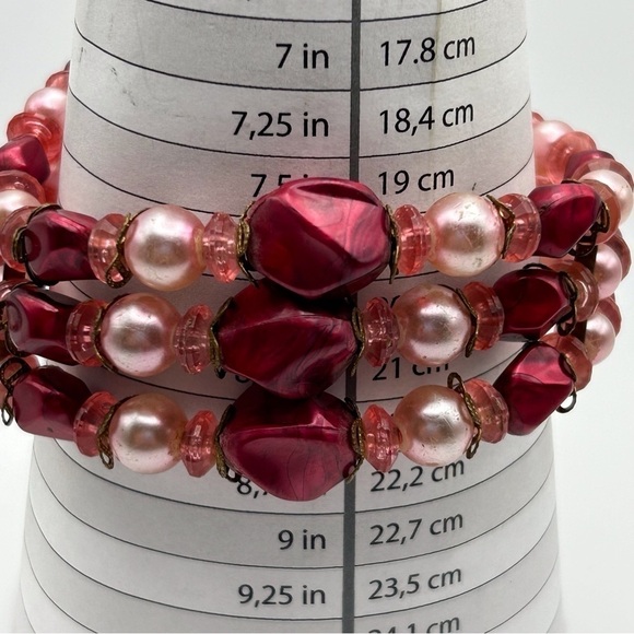 Vintage Light Pink Dusty Rose Faux Pearl Layered Beaded Cuff Wire Bracelet - Picture 9 of 9